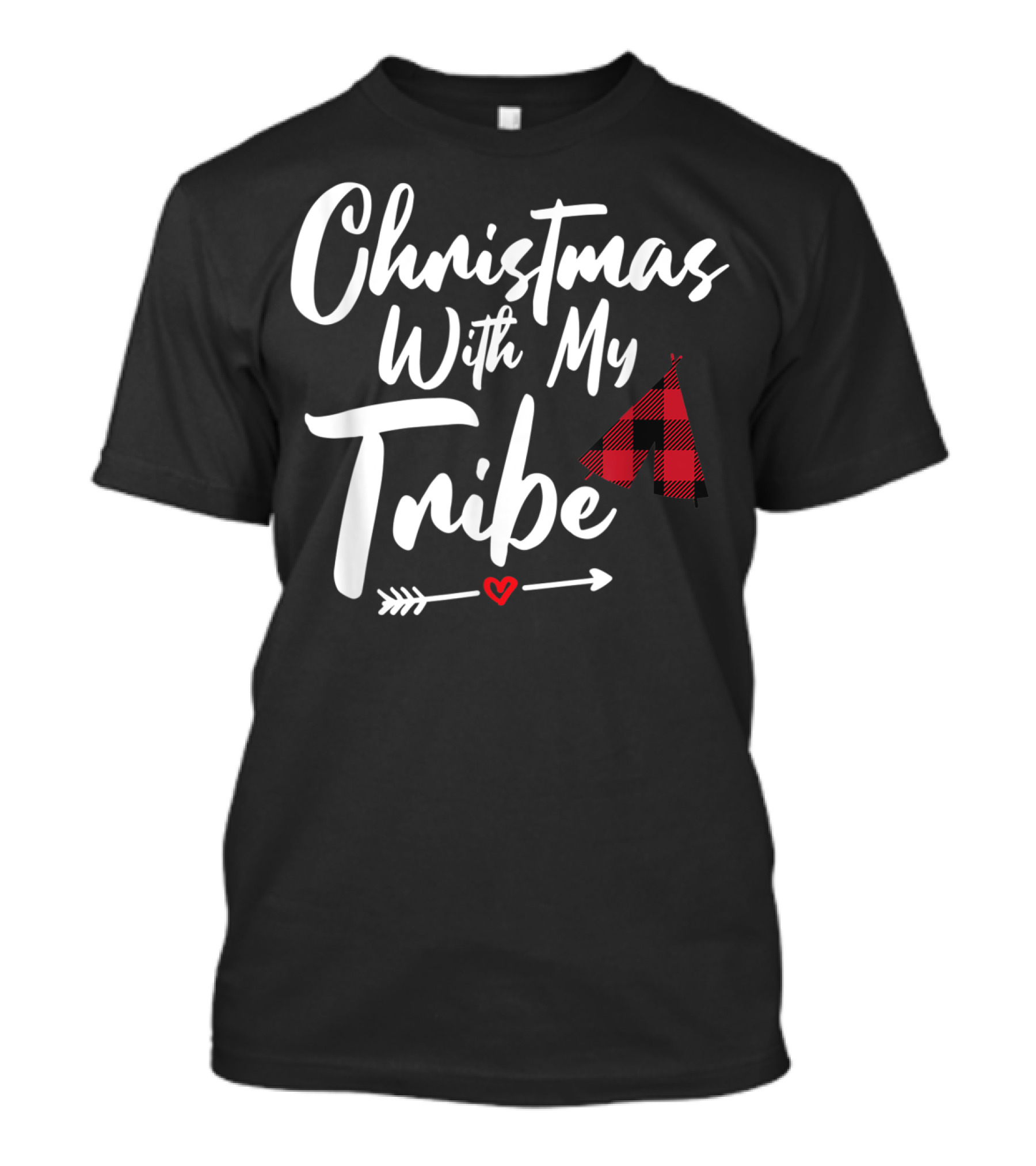 Christmas With My Tribe Buffalo Plaid Family Tent Arrow Heart T-Shirt