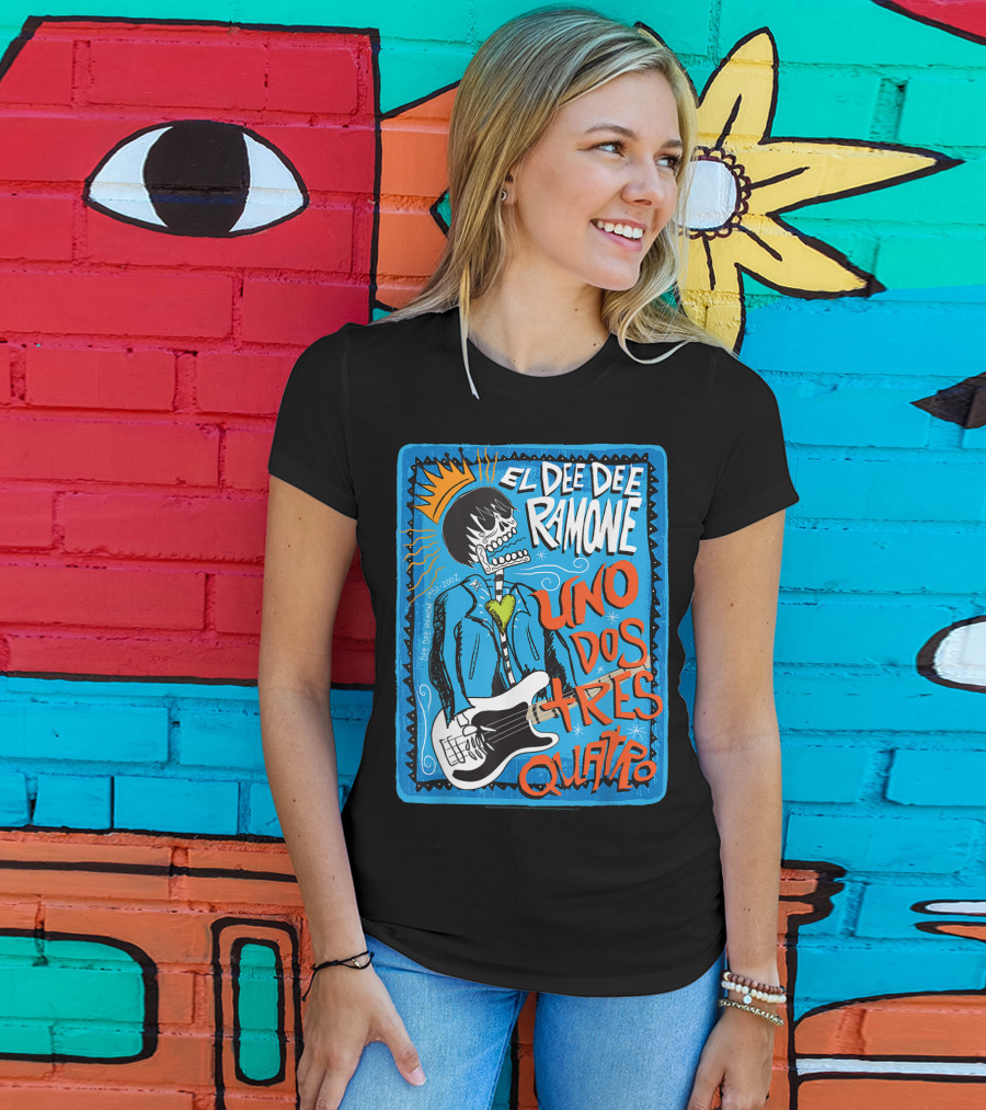 El Dee Dee Ramone Uno Dos Tres Quatro Skull Art With Crown And Heart Guitar T-Shirt