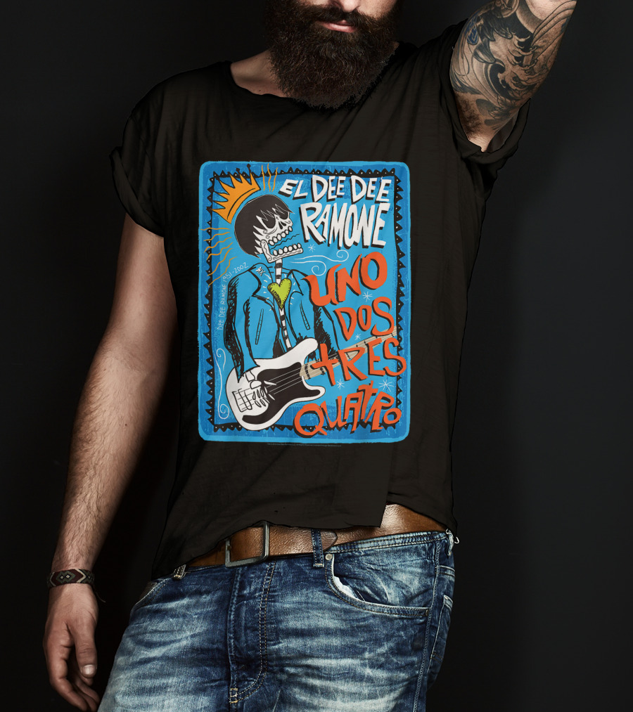 El Dee Dee Ramone Uno Dos Tres Quatro Skull Art With Crown And Heart Guitar T-Shirt