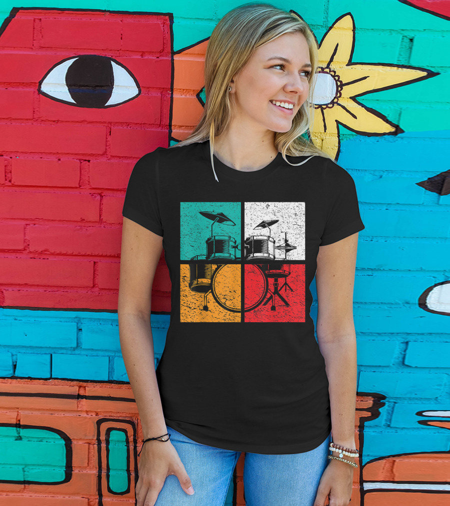 Drummer Drums Band Drumset Colorful Pop Art Squares T-Shirt