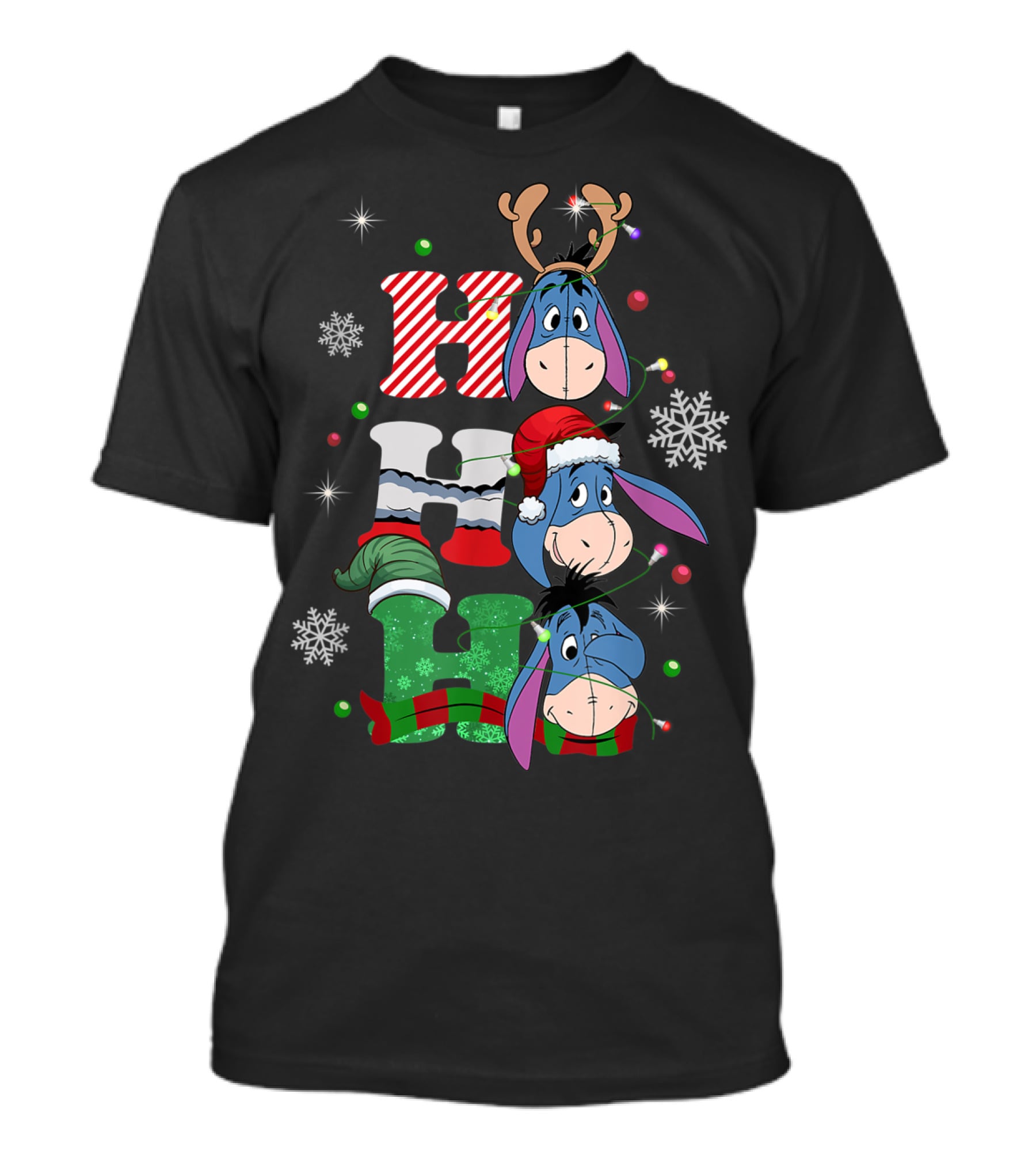 Eeyore Christmas Donkey Santa Reindeer Ho Ho Ho Snowflakes T-Shirt
