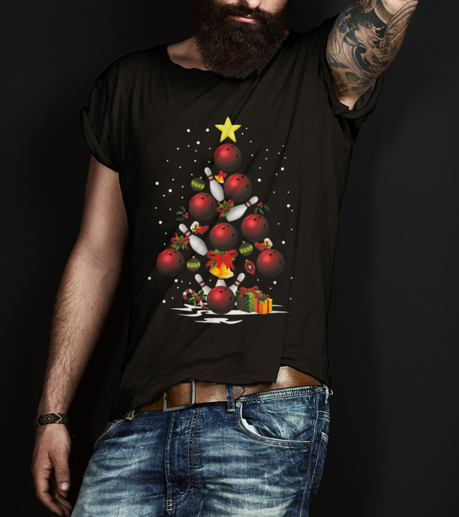 Funny Bowling Christmas Tree Light Bowling Ball Ornaments Star Pin Gifts T-Shirt
