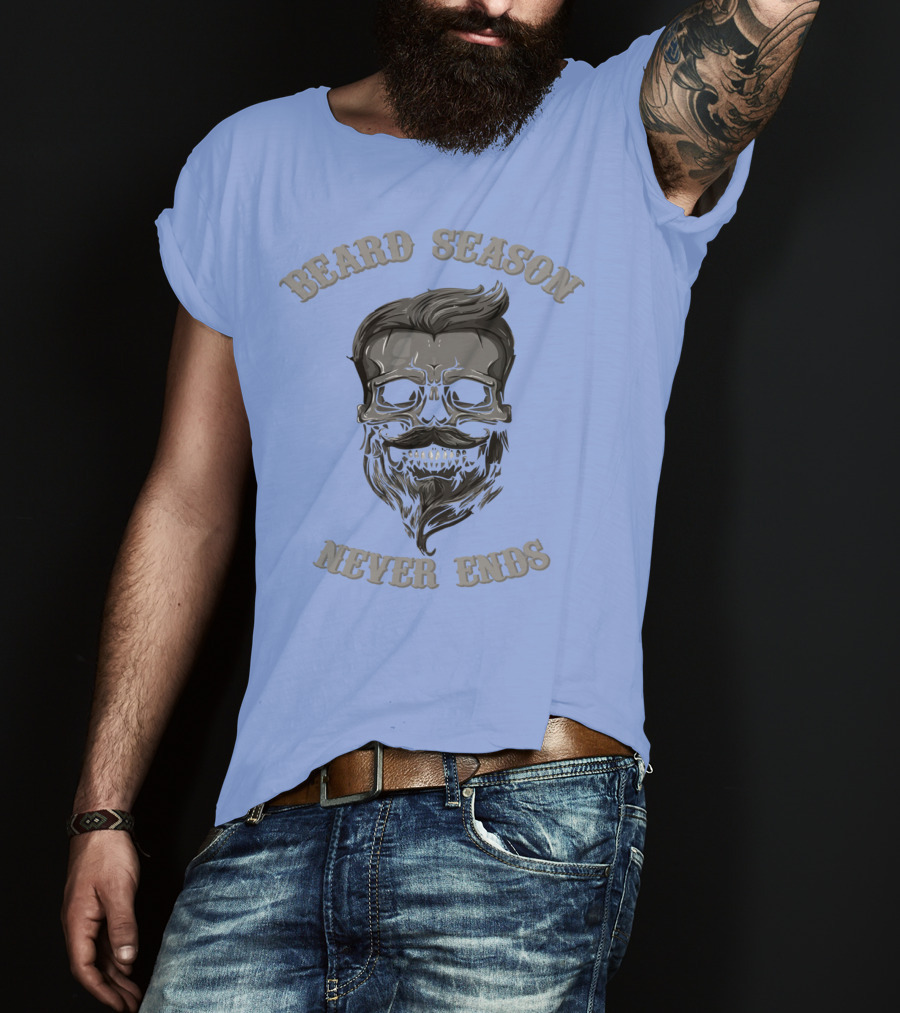 Beard Season Never Ends Skull With Mustache And Hair T-Shirt