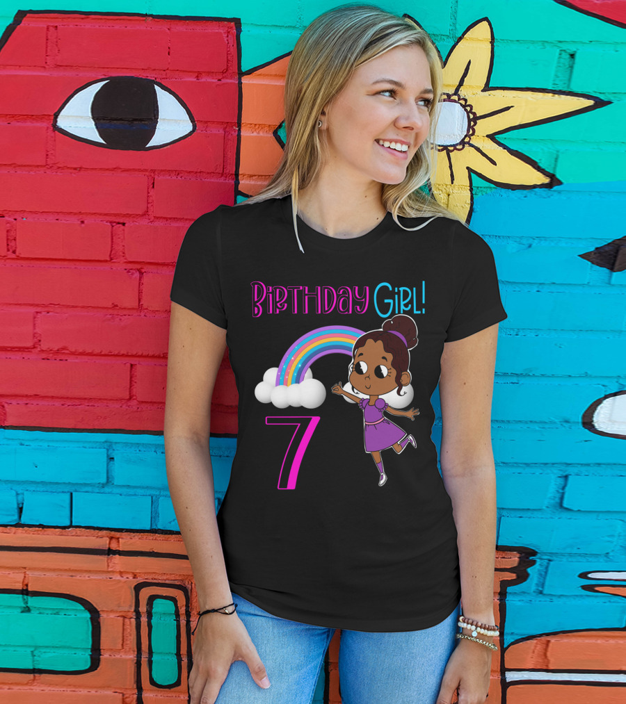 Birthday Girl 7 African American With Rainbow And Dancing Child T-Shirt