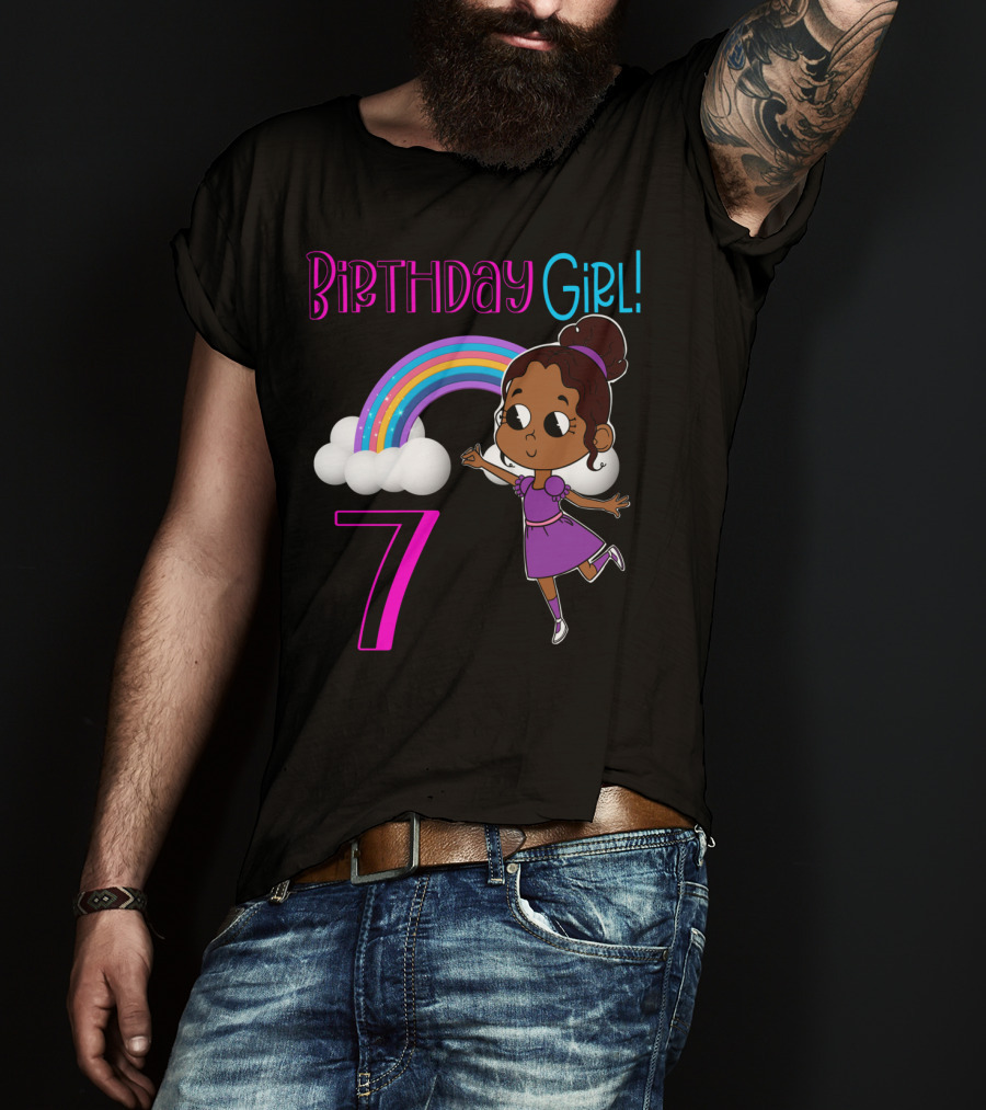 Birthday Girl 7 African American With Rainbow And Dancing Child T-Shirt