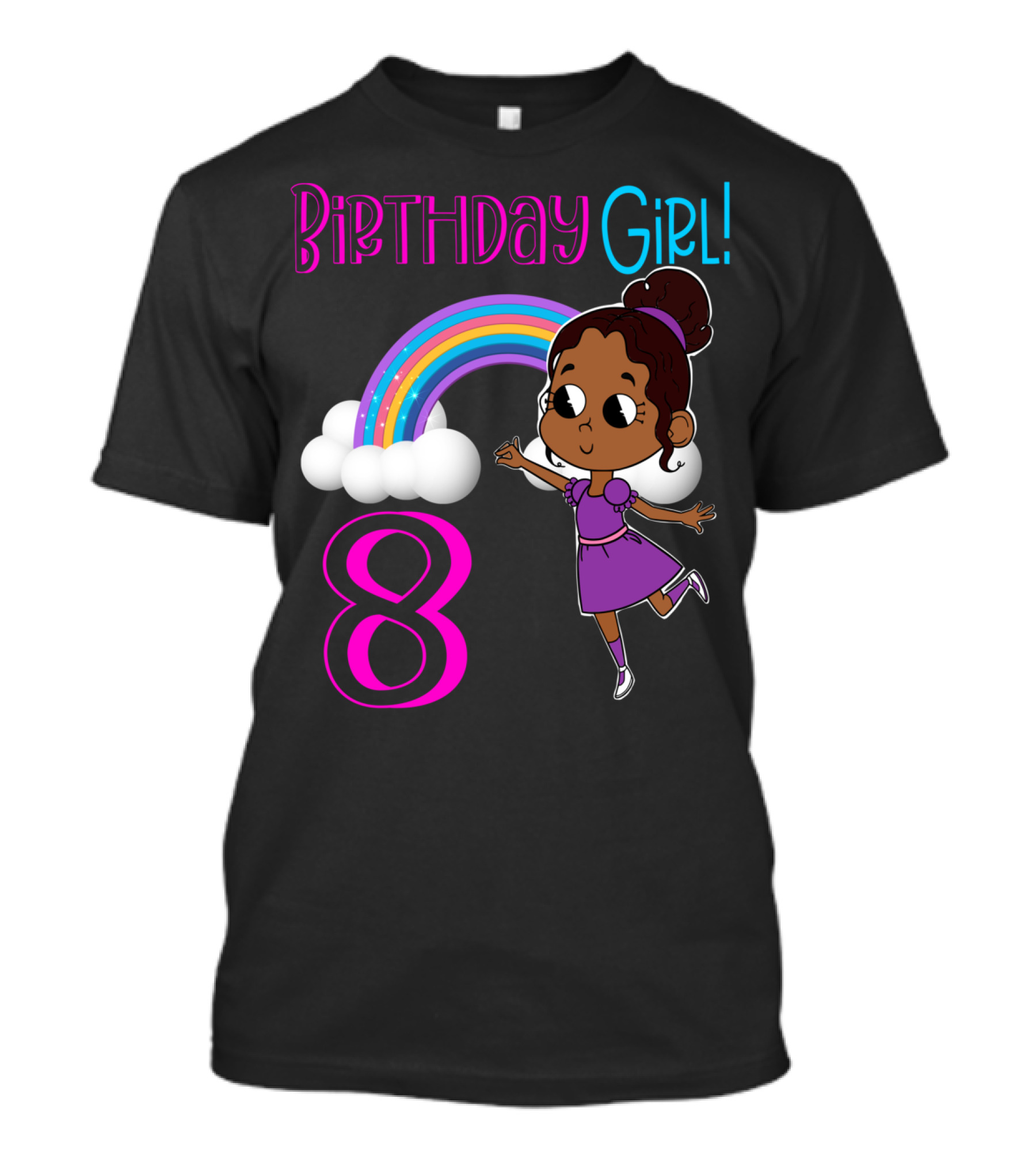 Birthday Girl 8 Rainbow Celebration With African American Cartoon Kid T-Shirt