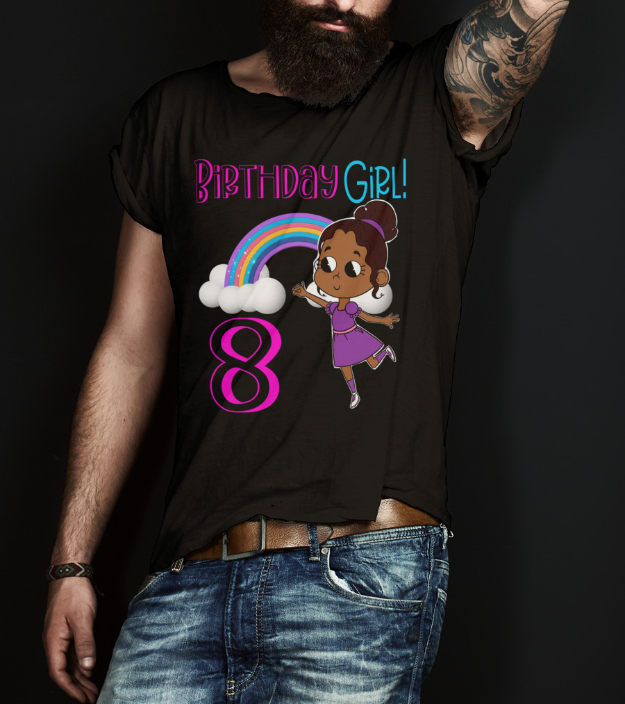 Birthday Girl 8 Rainbow Celebration With African American Cartoon Kid T-Shirt