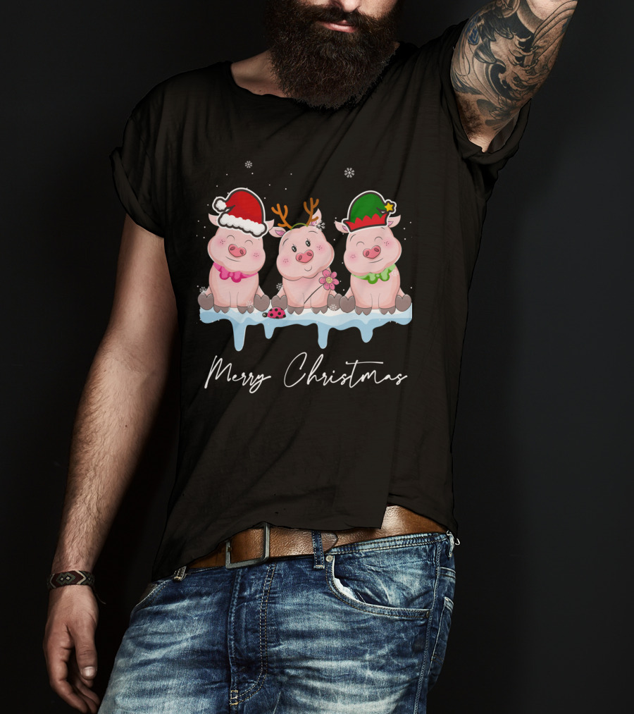 Merry Christmas Cute Pig Santa Hat Xmas Holiday Trio T-Shirt