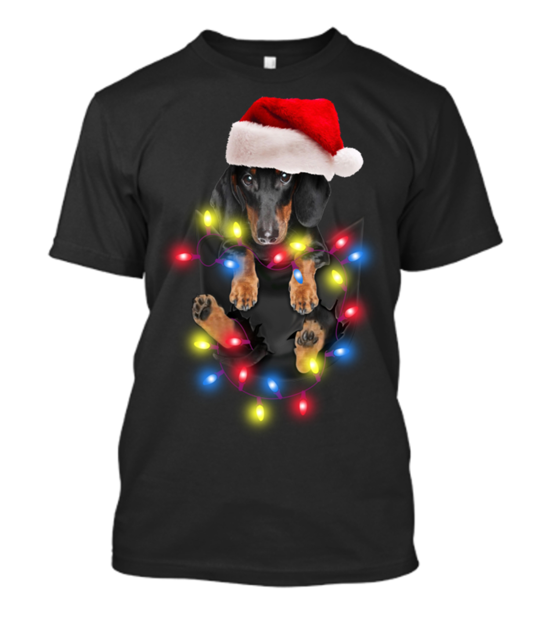Dachshund Santa Hat Christmas Lights In Pocket Festive Holiday Puppy T-Shirt