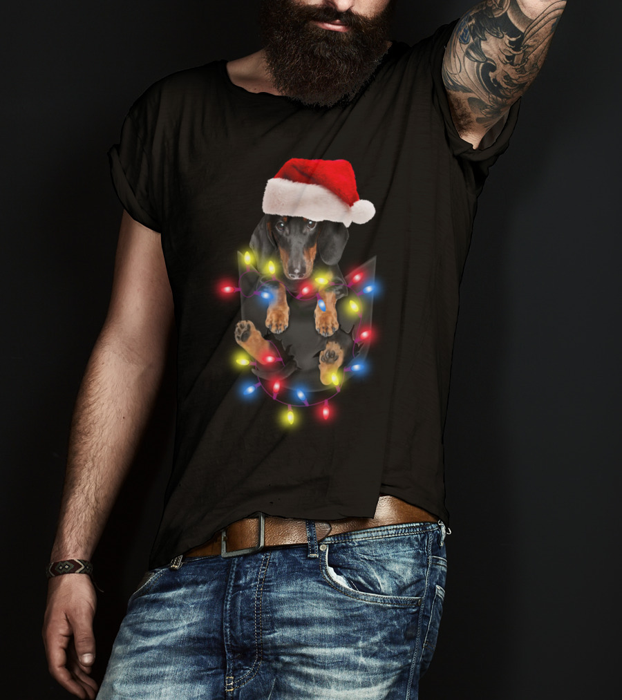 Dachshund Santa Hat Christmas Lights In Pocket Festive Holiday Puppy T-Shirt