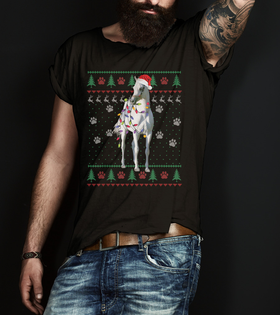 Funny Arabian Horse Santa Christmas Lights Holiday Ugly T-Shirt