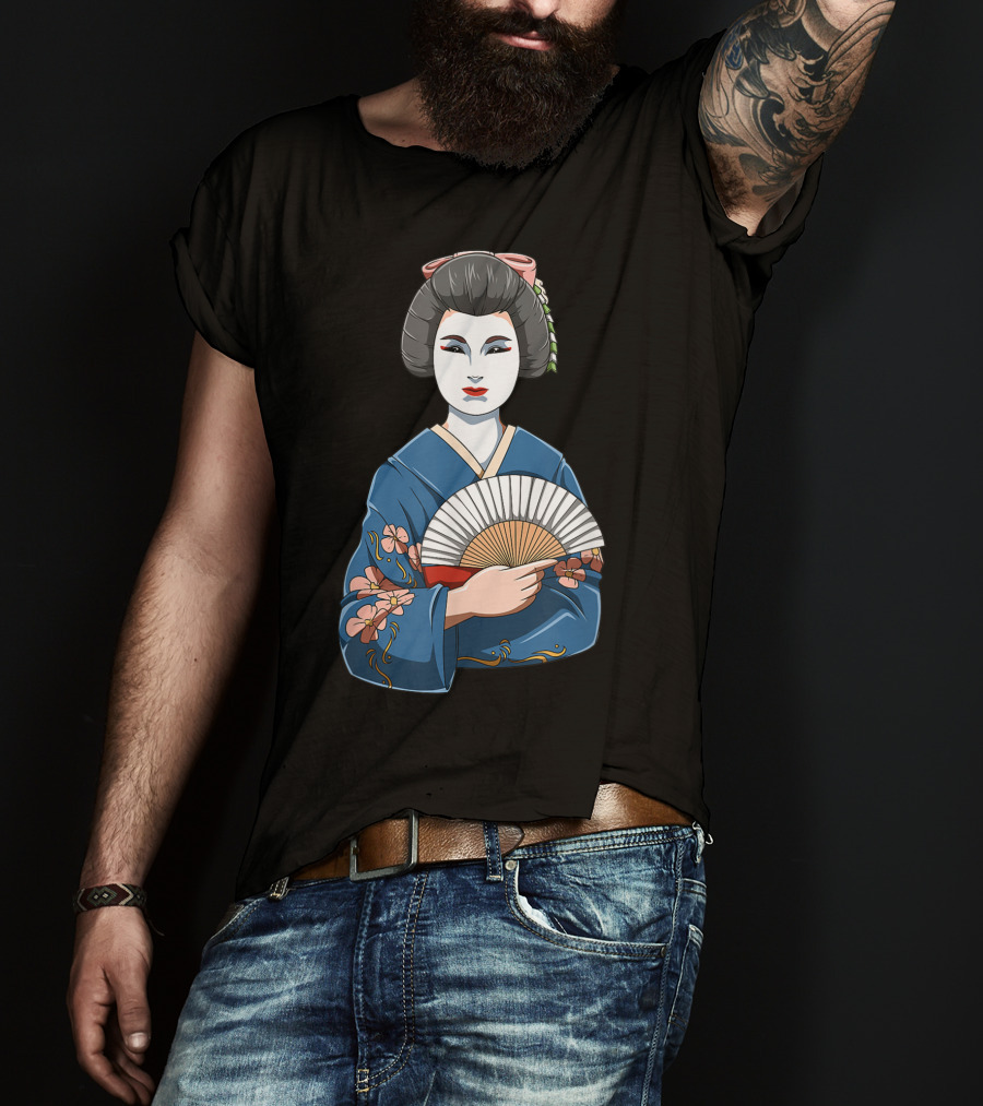 Geisha Girl Traditional Japanese Kimono Fan Blossoms T-Shirt