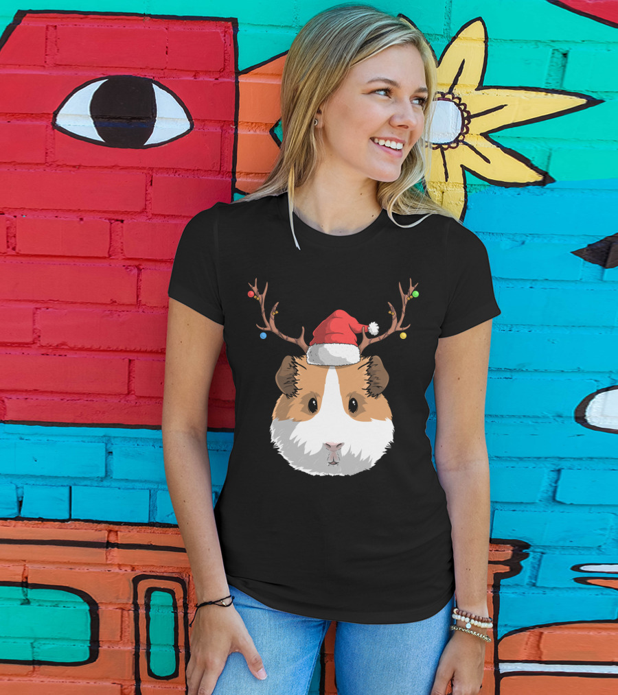 Santa Claus Hat Guinea Pig Reindeer Christmas Holiday T-Shirt