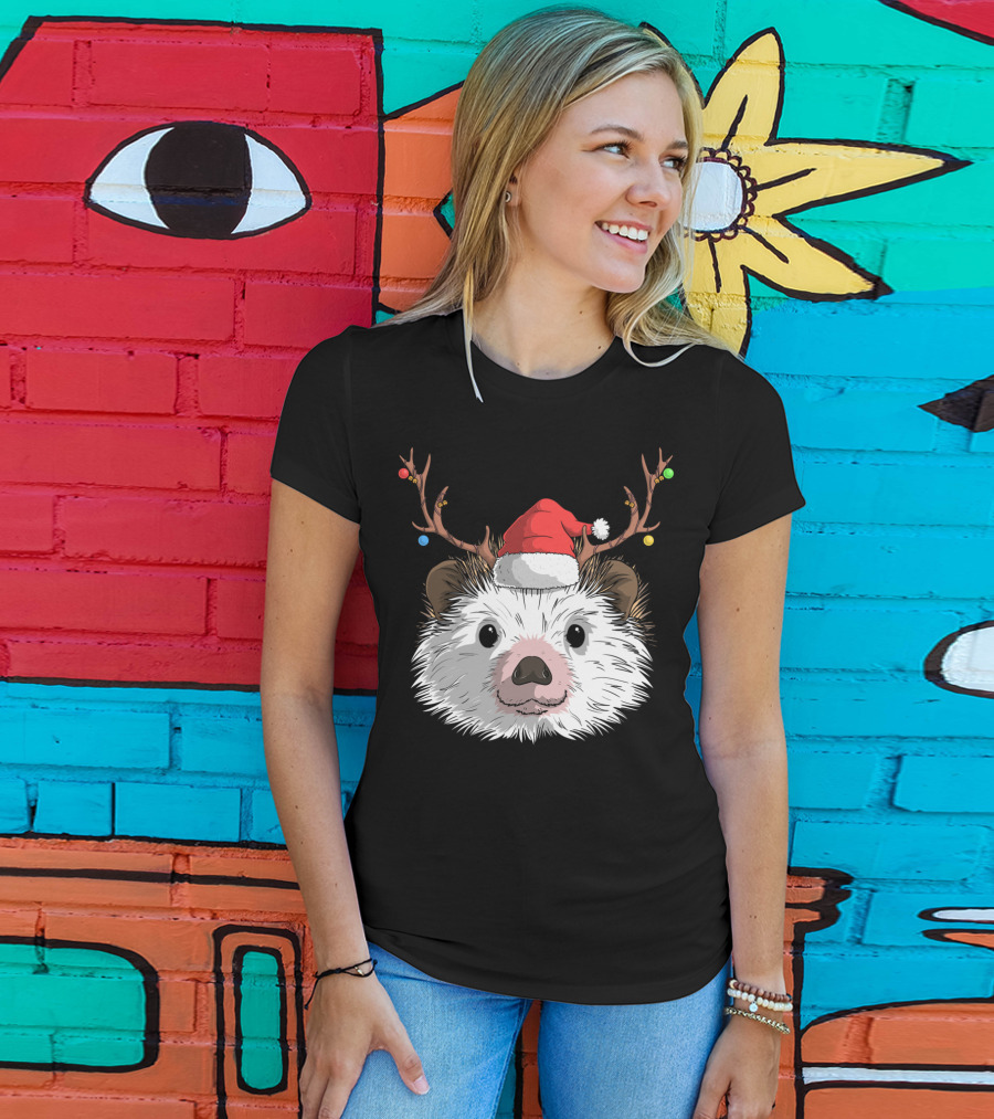 Hedgehog Santa Claus Hat Antlers Christmas Holiday T-Shirt