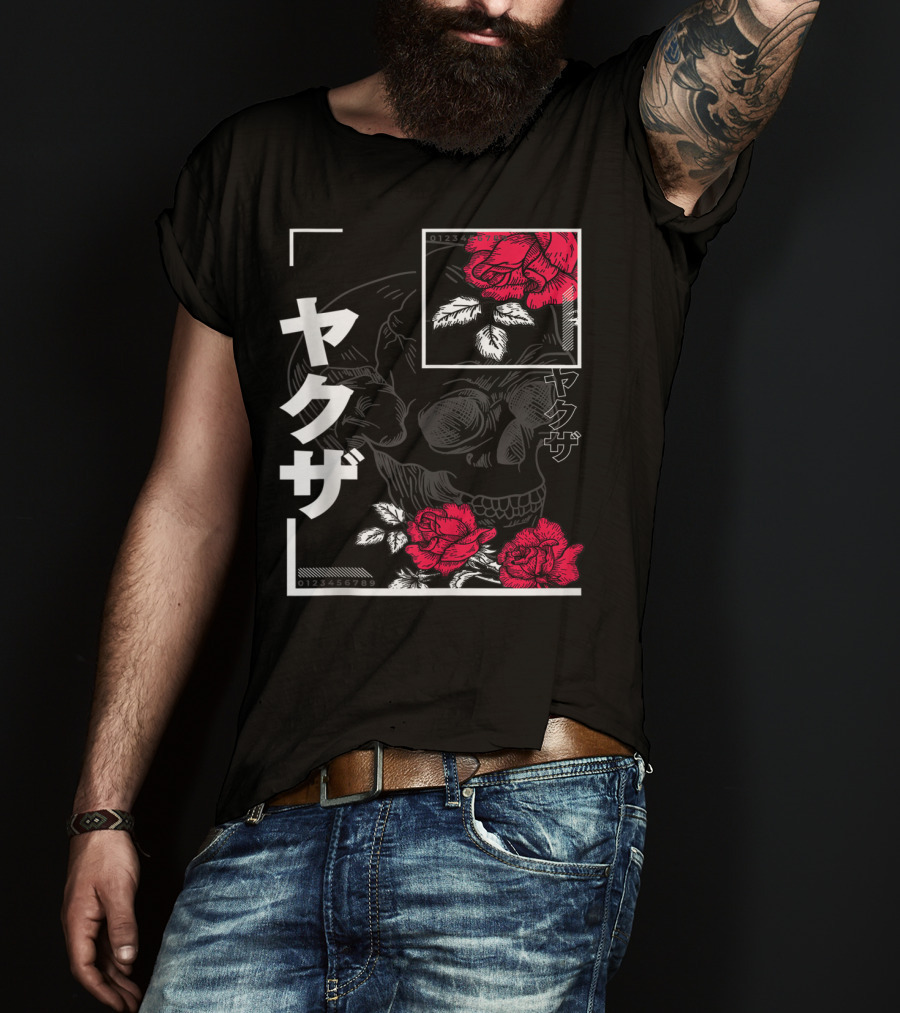 Urban Yakuza Skull And Red Roses T-Shirt