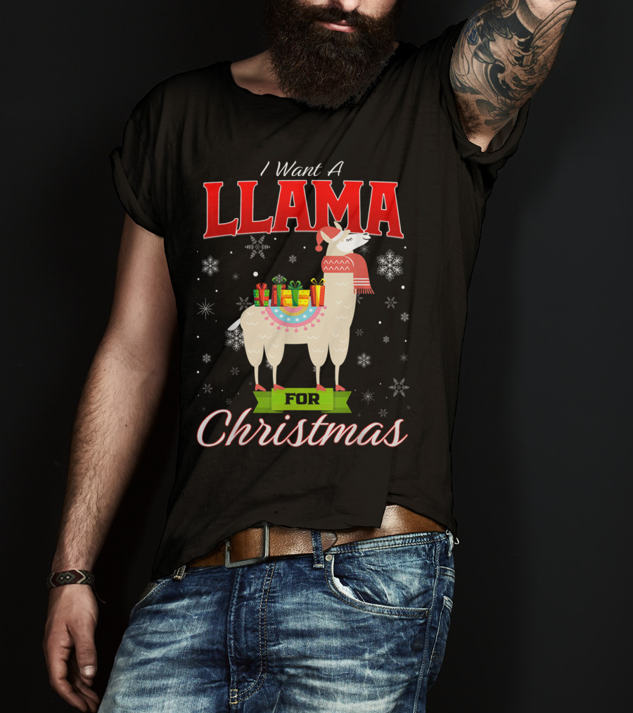 I Want A Llama For Christmas Santa Hat Snowflakes T-Shirt