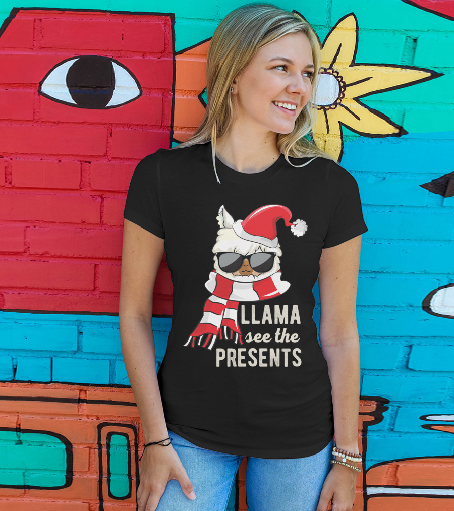 Llama See The Presents Funny Hat Xmas Alpaca Christmas Santa Scarf Sunglasses T-Shirt