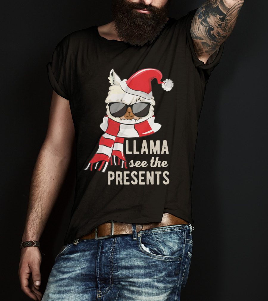 Llama See The Presents Funny Hat Xmas Alpaca Christmas Santa Scarf Sunglasses T-Shirt
