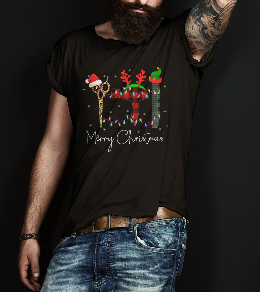 Merry Christmas Hairstylist Hairdresser Leopard Scissors Reindeer Antlers Blow Dryer Tool Holiday Lights T-Shirt