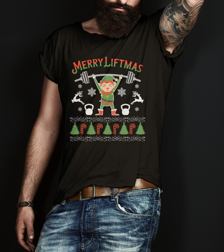 Merry Liftmas Elf Workout With Weights And Christmas Symbols T-Shirt