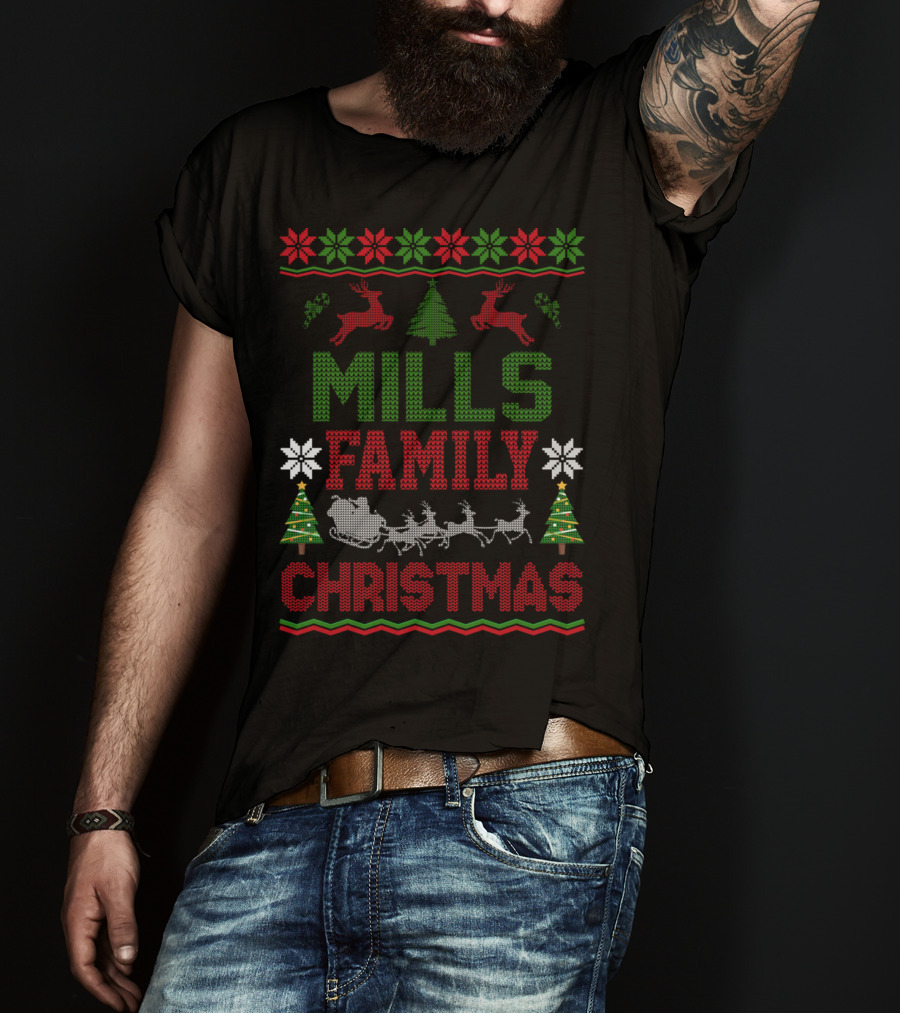 Mills Family Christmas Reindeer Sleigh Ugly Sweater Holiday Trees T-Shirt