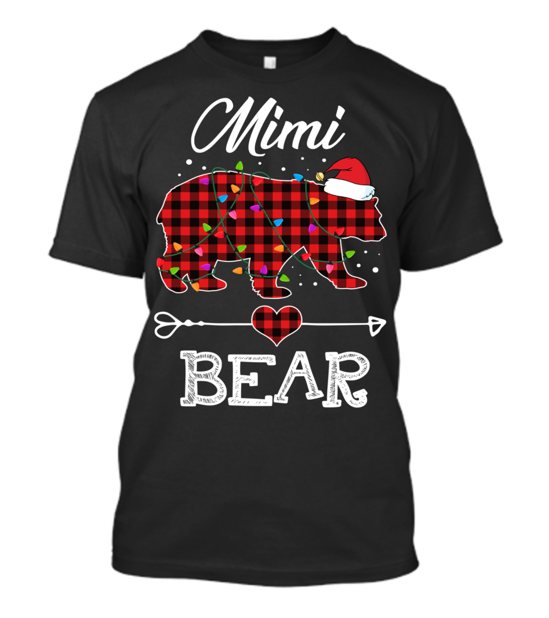 Mimi Bear Christmas Red Plaid Buffalo Santa Hat Lights T-Shirt