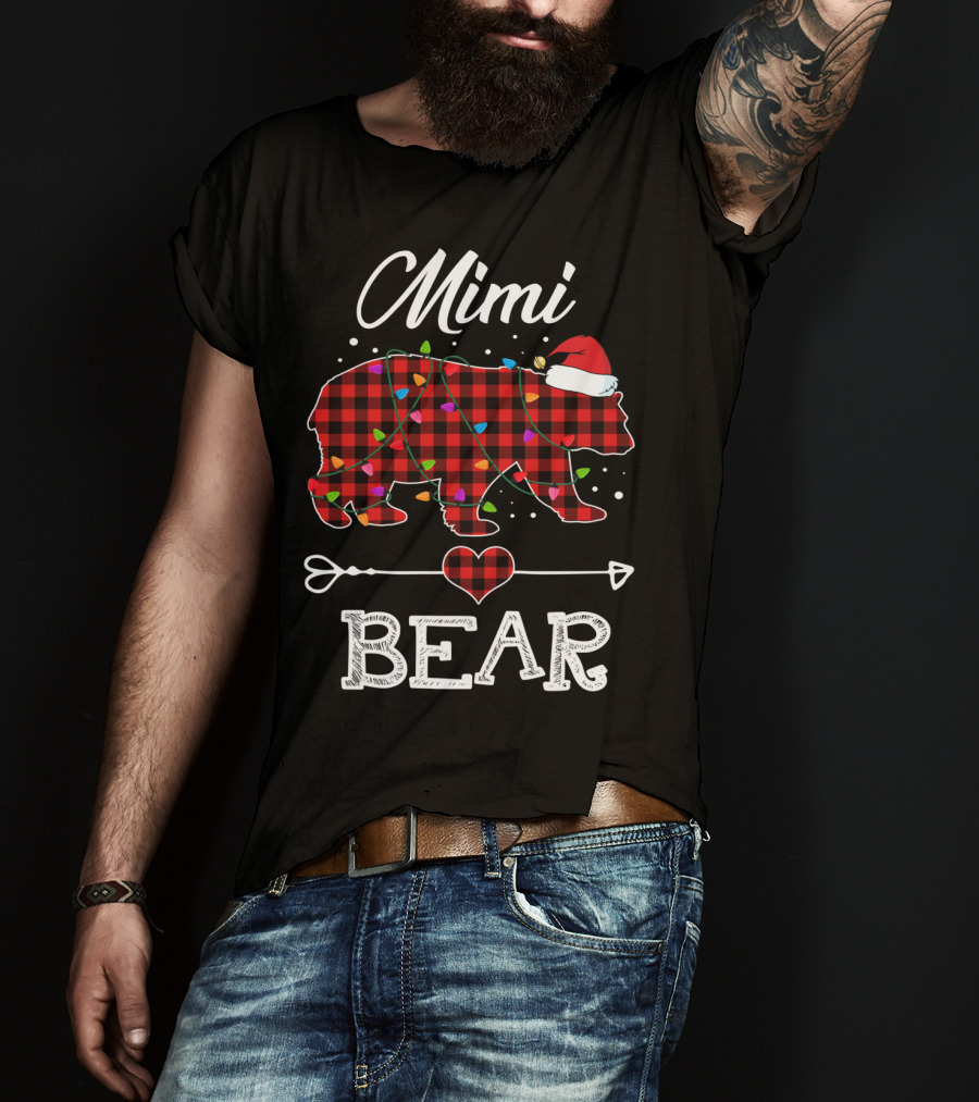 Mimi Bear Christmas Red Plaid Buffalo Santa Hat Lights T-Shirt