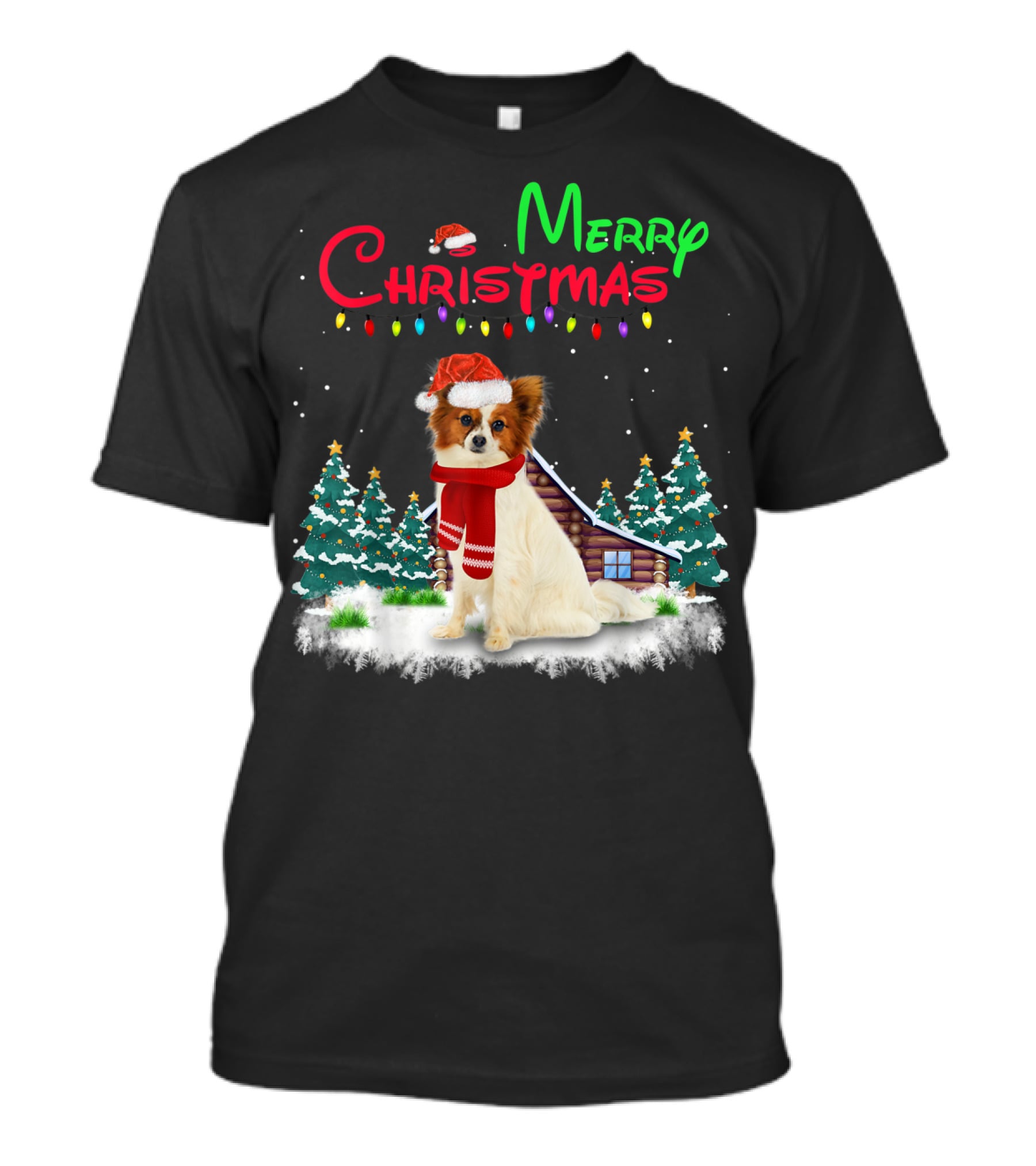 Papillon Dog With Santa Hat And Christmas Lights In Snowy Holiday Scene T-Shirt