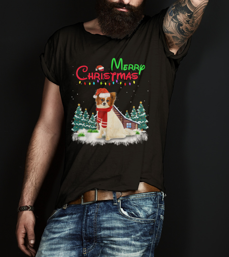 Papillon Dog With Santa Hat And Christmas Lights In Snowy Holiday Scene T-Shirt