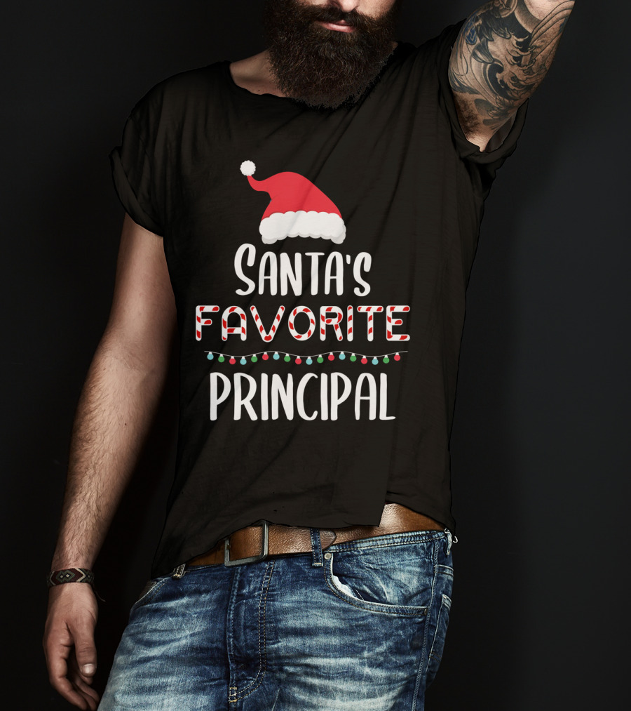 Santa's Favorite Principal Christmas Hat And Lights T-Shirt