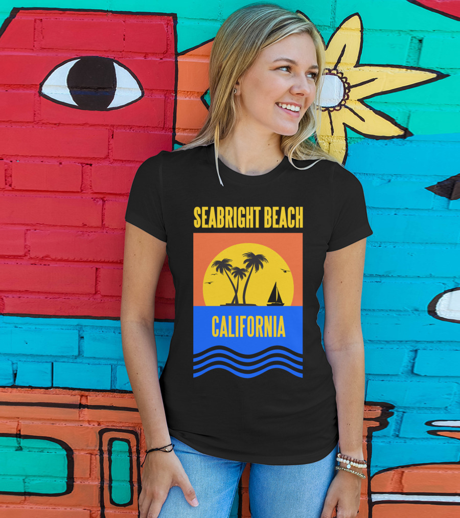 Seabright Beach California Sunset Palm Trees Sailboat Vacation T-Shirt