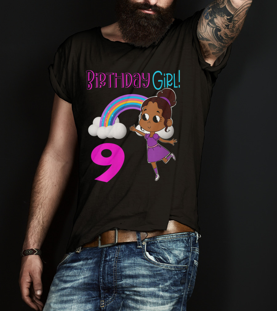Birthday Girl 9 African American Rainbow Purple Dress T-Shirt