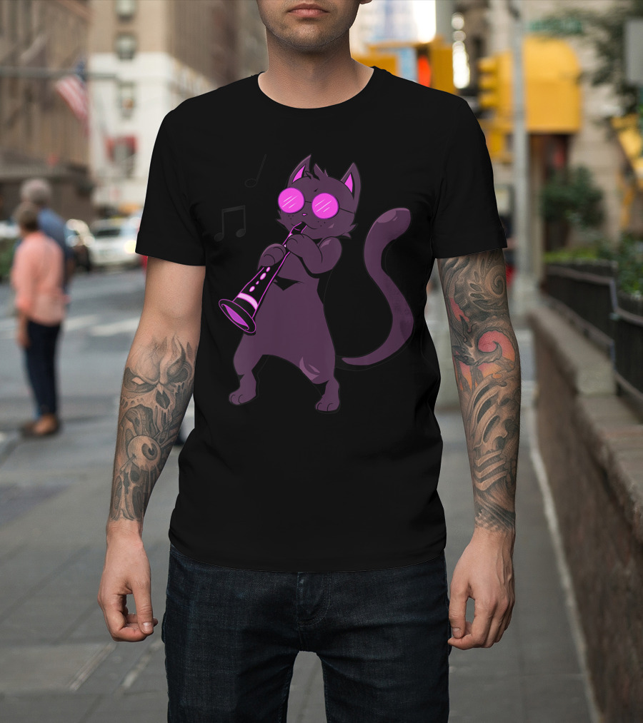 Clarinet Cool Cat Hippy Hipster Kitty with Sunglasses and Music Notes T-Shirt