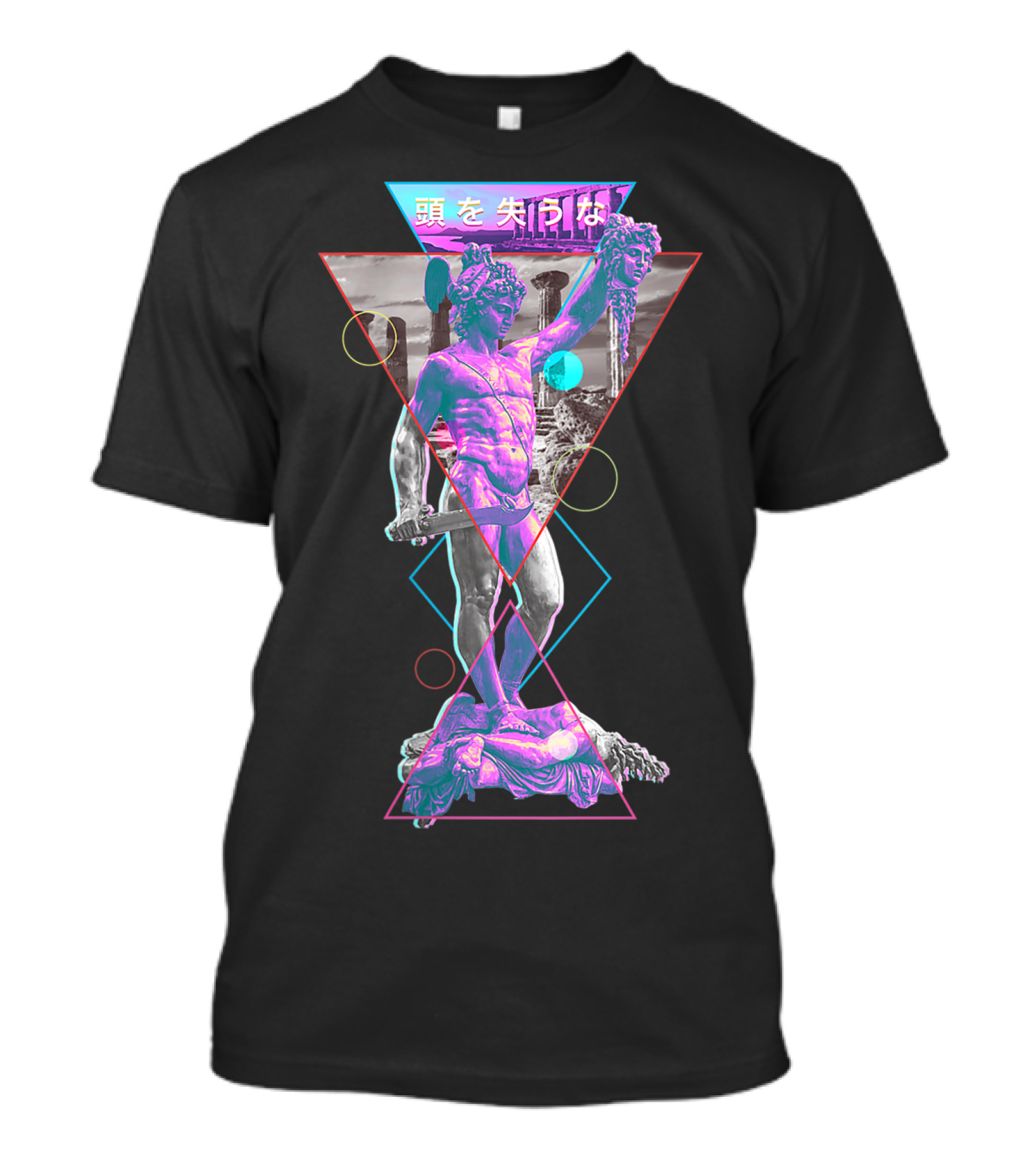 Perseus And Medusa Vaporwave Aesthetic With Japanese Text And Geometric Shapes T-Shirt