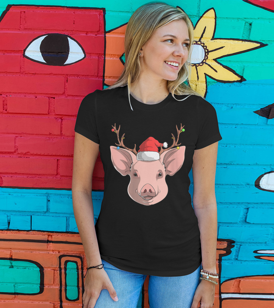 Pig With Santa Hat And Reindeer Antlers T-Shirt
