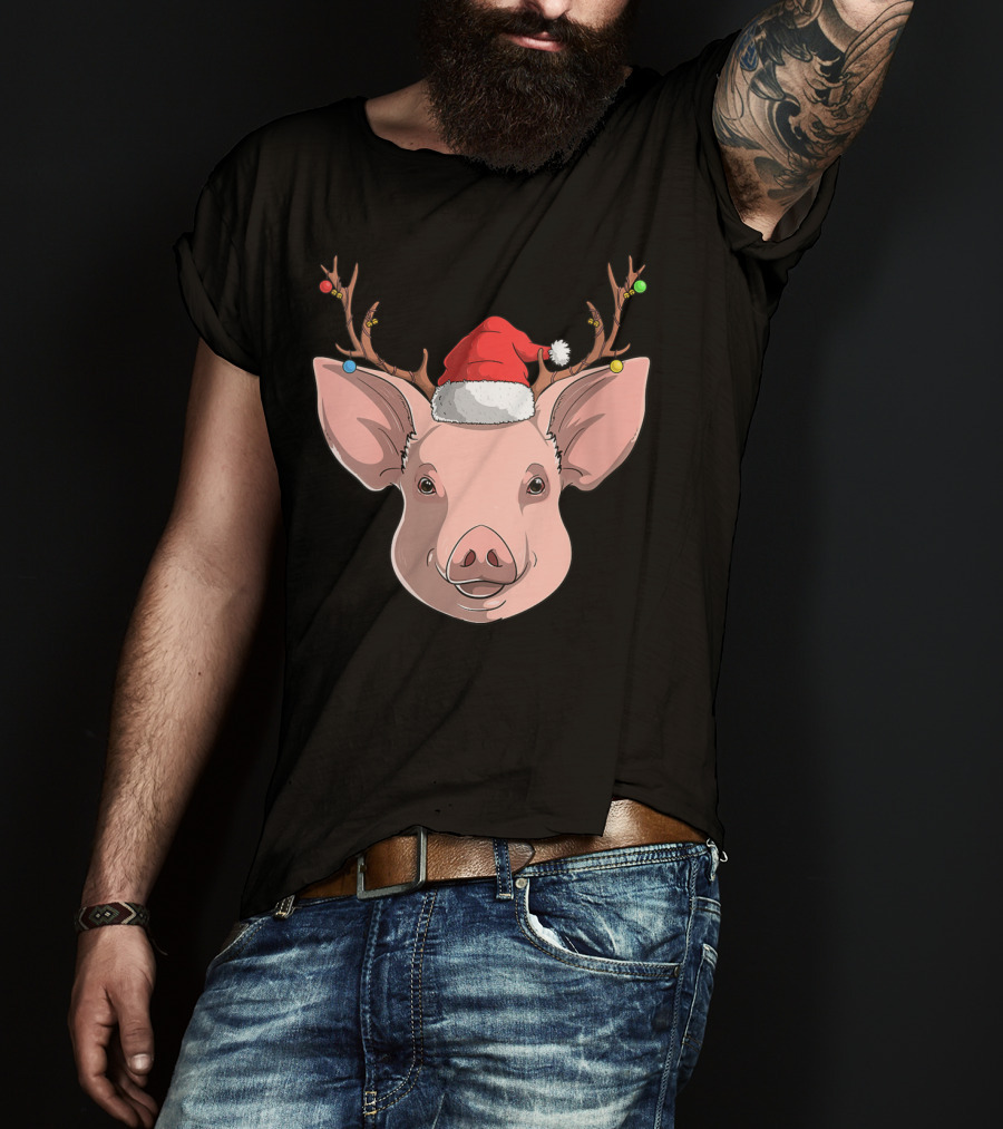 Pig With Santa Hat And Reindeer Antlers T-Shirt