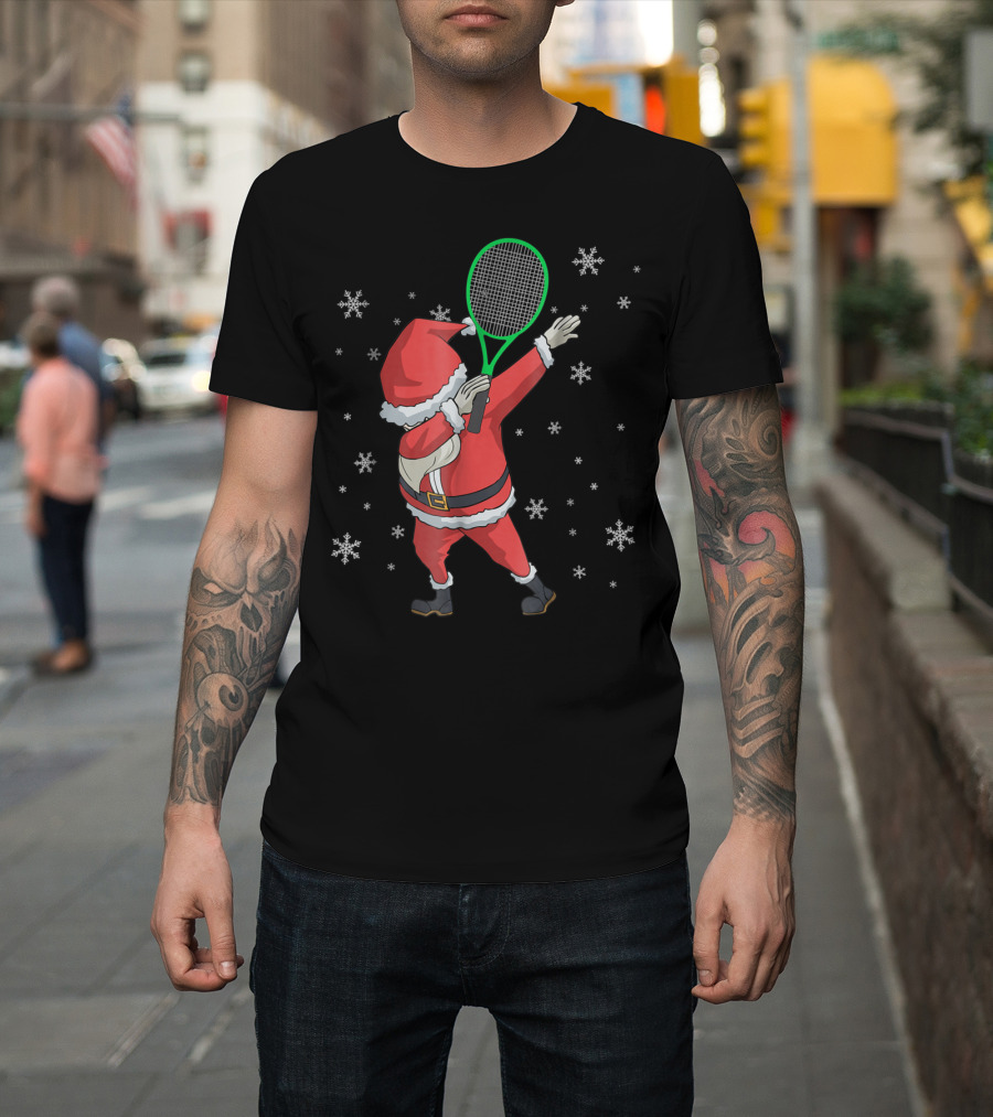 Dabbing Santa Claus With Tennis Racket And Snowflakes T-Shirt