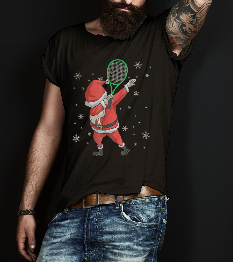 Dabbing Santa Claus With Tennis Racket And Snowflakes T-Shirt