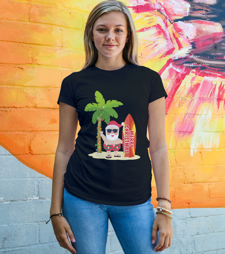 Merry Christmas Hawaiian Funny Ugly Cute Surfing Santa Holiday T-Shirt
