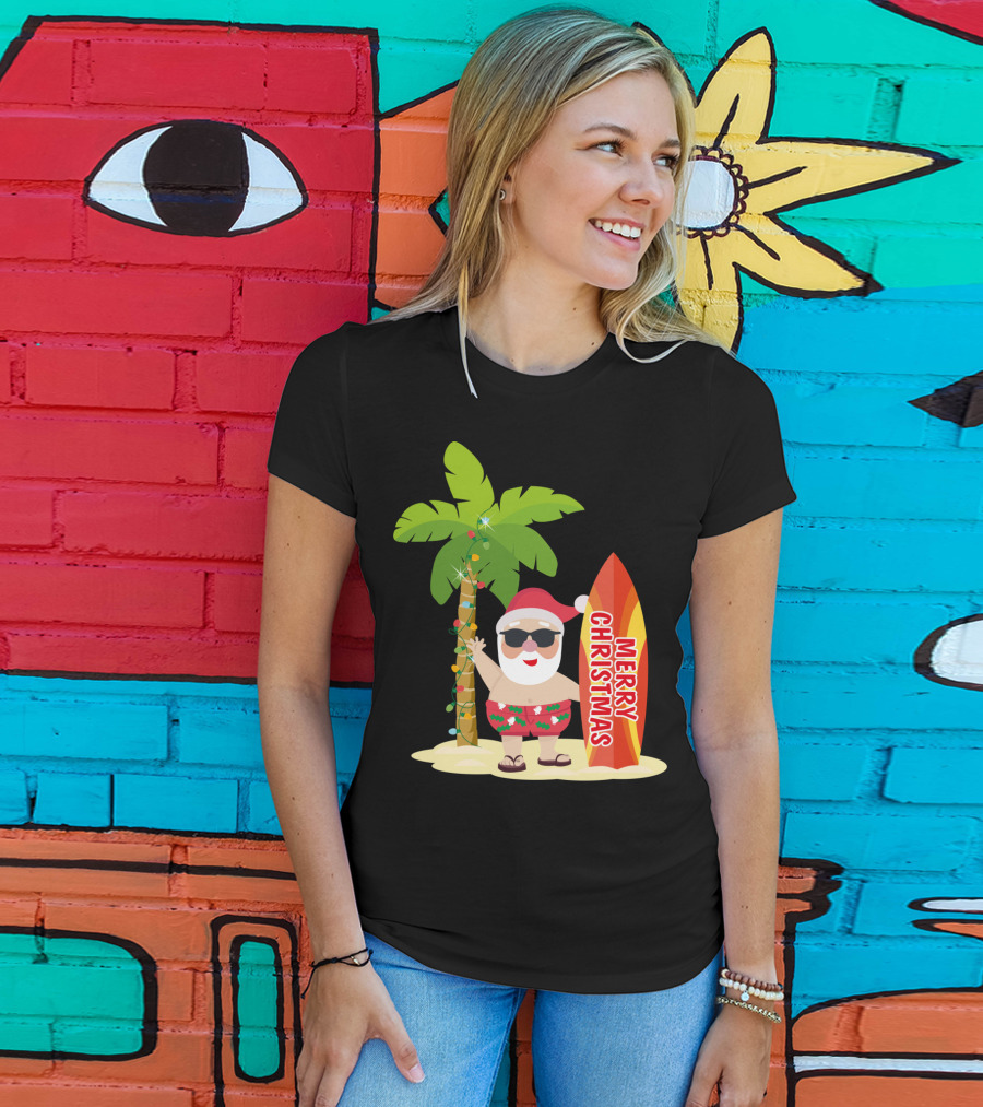 Merry Christmas Hawaiian Funny Ugly Cute Surfing Santa Holiday T-Shirt