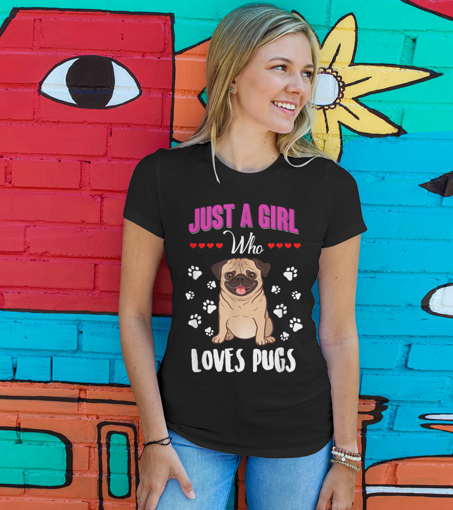 Just A Girl Who Loves Pugs With Paw Prints And Hearts T-Shirt