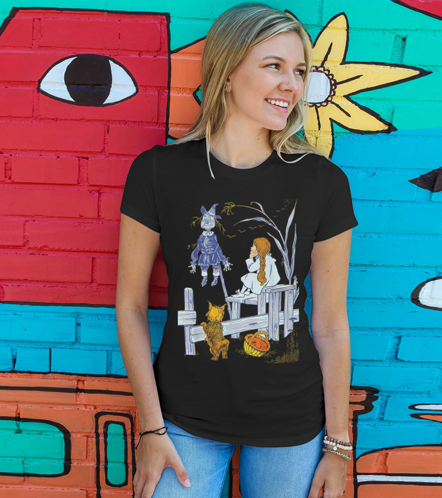 Land Of Oz Classic Scarecrow With Toto And Wizard Themes T-Shirt