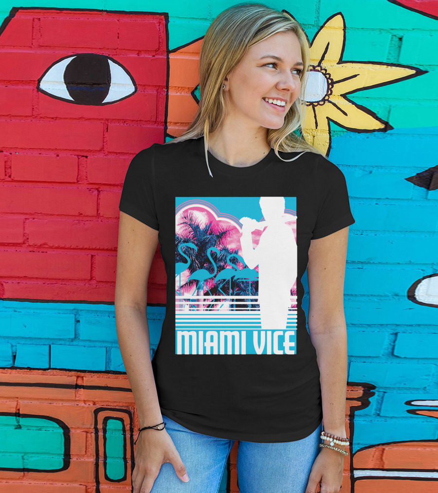 Miami Vice Neon Flamingo Silhouette Tropical T-Shirt