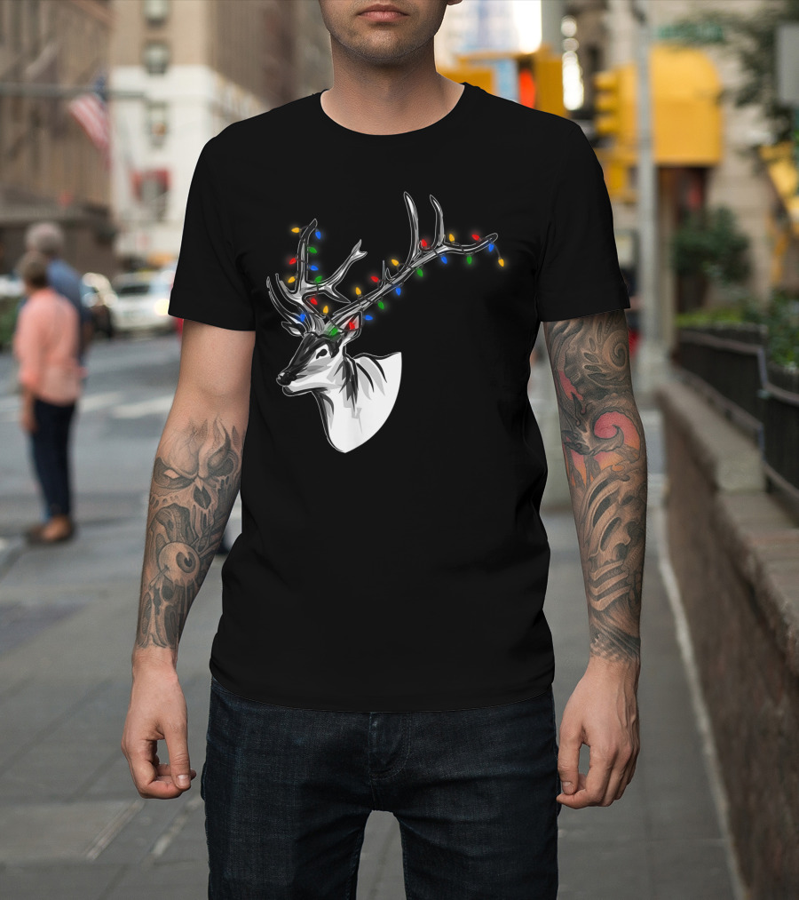 Reindeer With Colorful Christmas Lights On Antlers Funny Animal T-Shirt