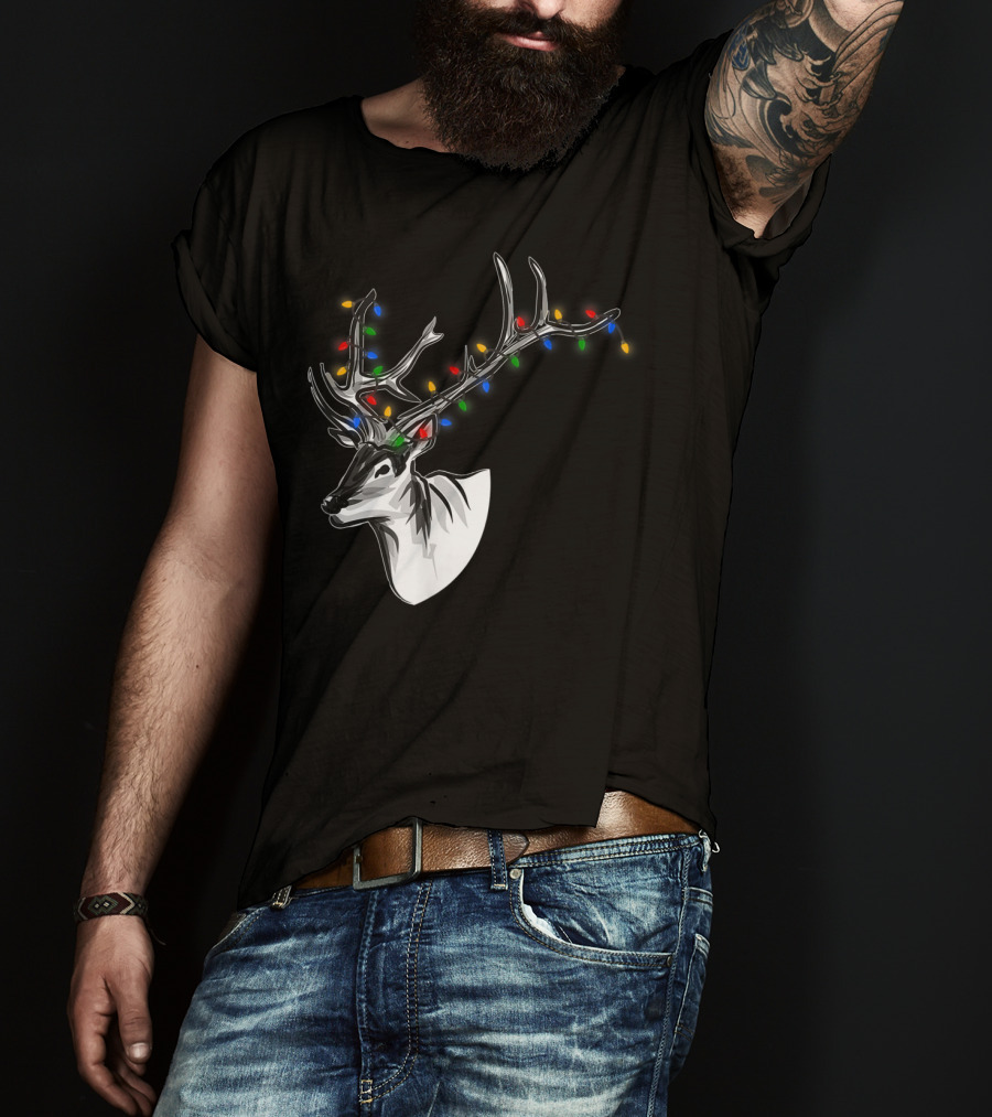 Reindeer With Colorful Christmas Lights On Antlers Funny Animal T-Shirt