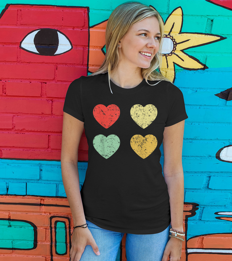 Retro Vintage Hearts Valentines Day Four Colorful Grunge Hearts T-Shirt