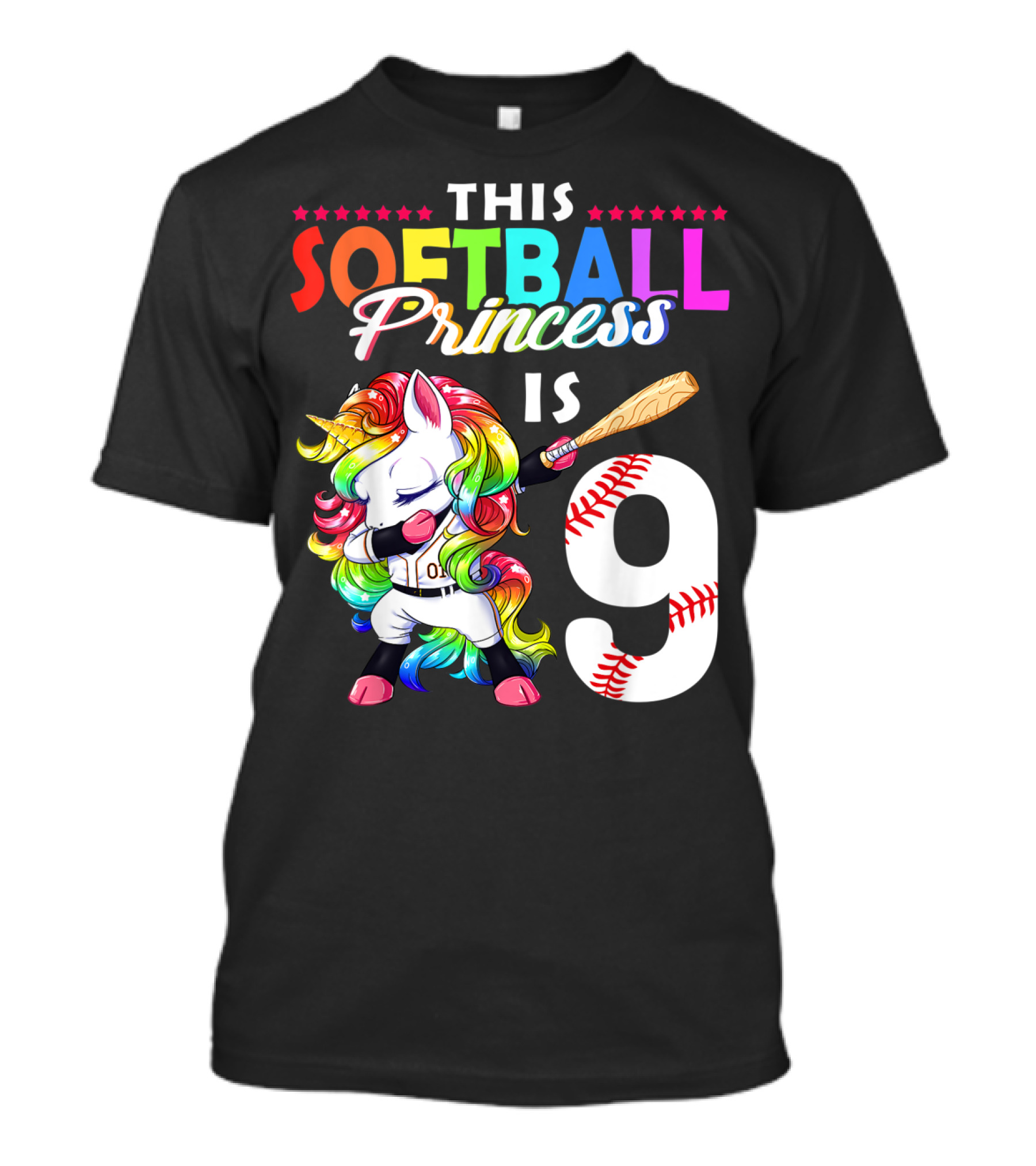 This Softball Princess Is 9 Unicorn Birthday Rainbow Bat T-Shirt