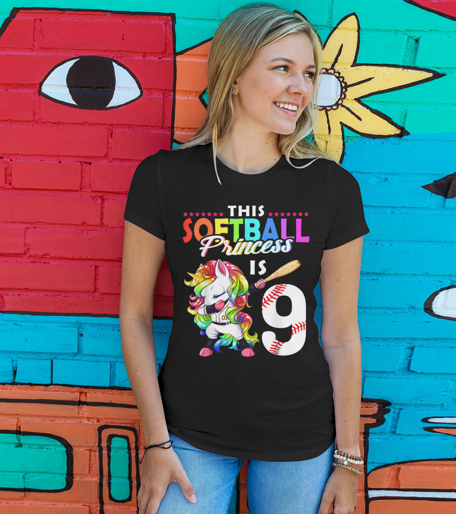 This Softball Princess Is 9 Unicorn Birthday Rainbow Bat T-Shirt