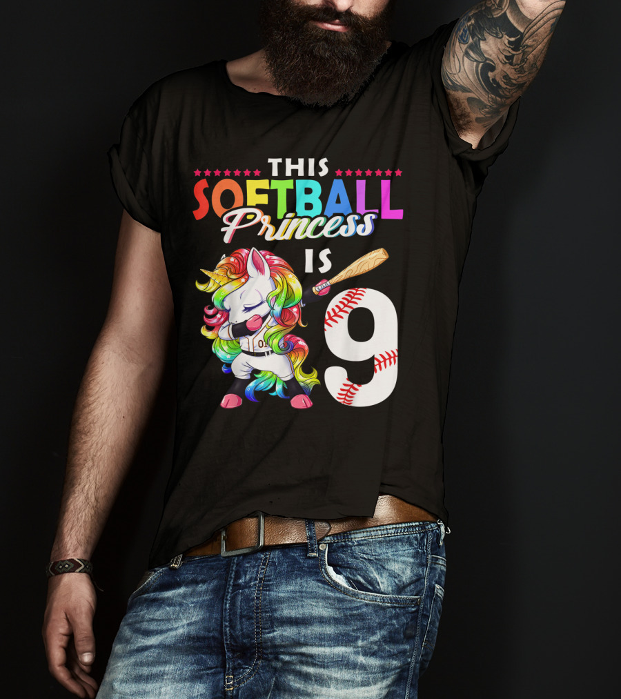 This Softball Princess Is 9 Unicorn Birthday Rainbow Bat T-Shirt