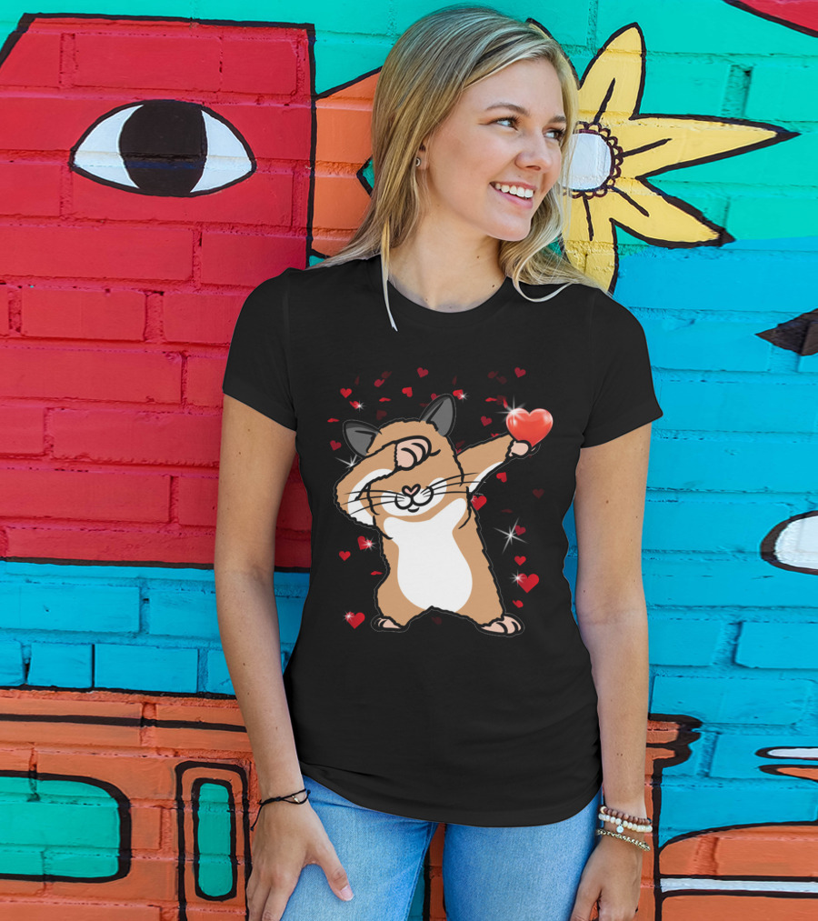 Valentine Girls Cute Dabbing Hamster With Heart And Sparkling Red Hearts T-Shirt